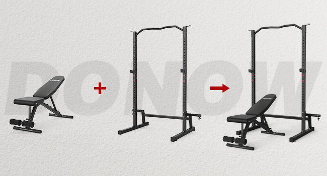 Donow strength training bench and rack in home gym environment