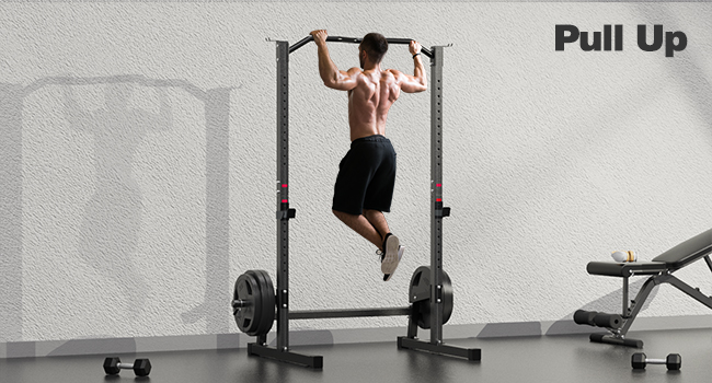 Angled pull-up bar on Donow squat rack for wide grip exercises